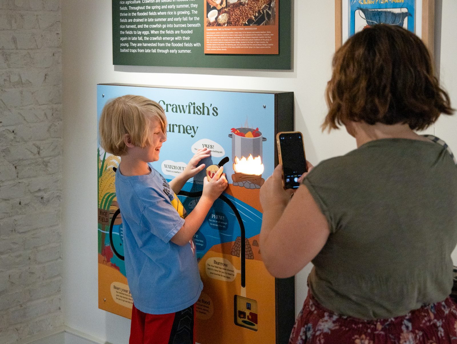A child interacts with an educational display about crawfish, pressing buttons to show different stages of their journey. An adult takes a photo with a smartphone nearby. The surroundings include informational posters on the wall.