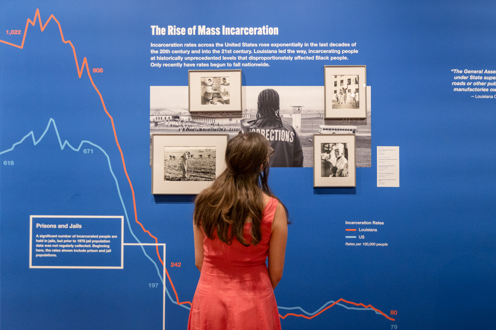 A woman in a red dress looks at an exhibit wall displaying information and images about the rise of mass incarceration in the United States. A graph on the wall shows historical incarceration rates and trends.