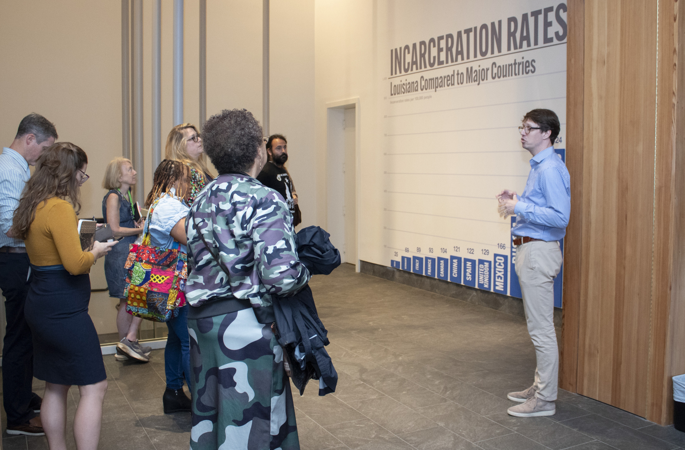 A group of people listens to a speaker in a blue shirt standing near a large chart titled Incarceration Rates: Louisiana Compared to Major Countries. The chart displays various country names and numbers on a wall in a modern room.