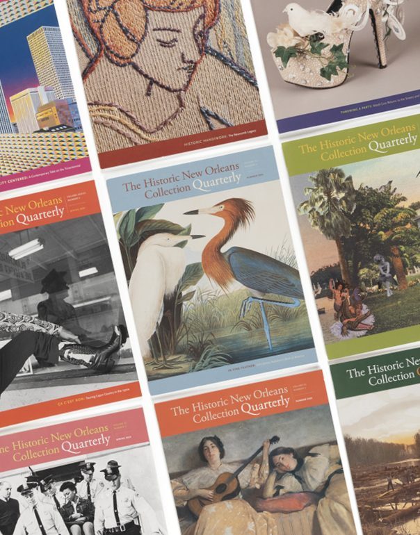 A collection of The Historic New Orleans Collection Quarterly covers displayed diagonally. The covers feature various artworks, including birds, historical scenes, and cultural motifs.