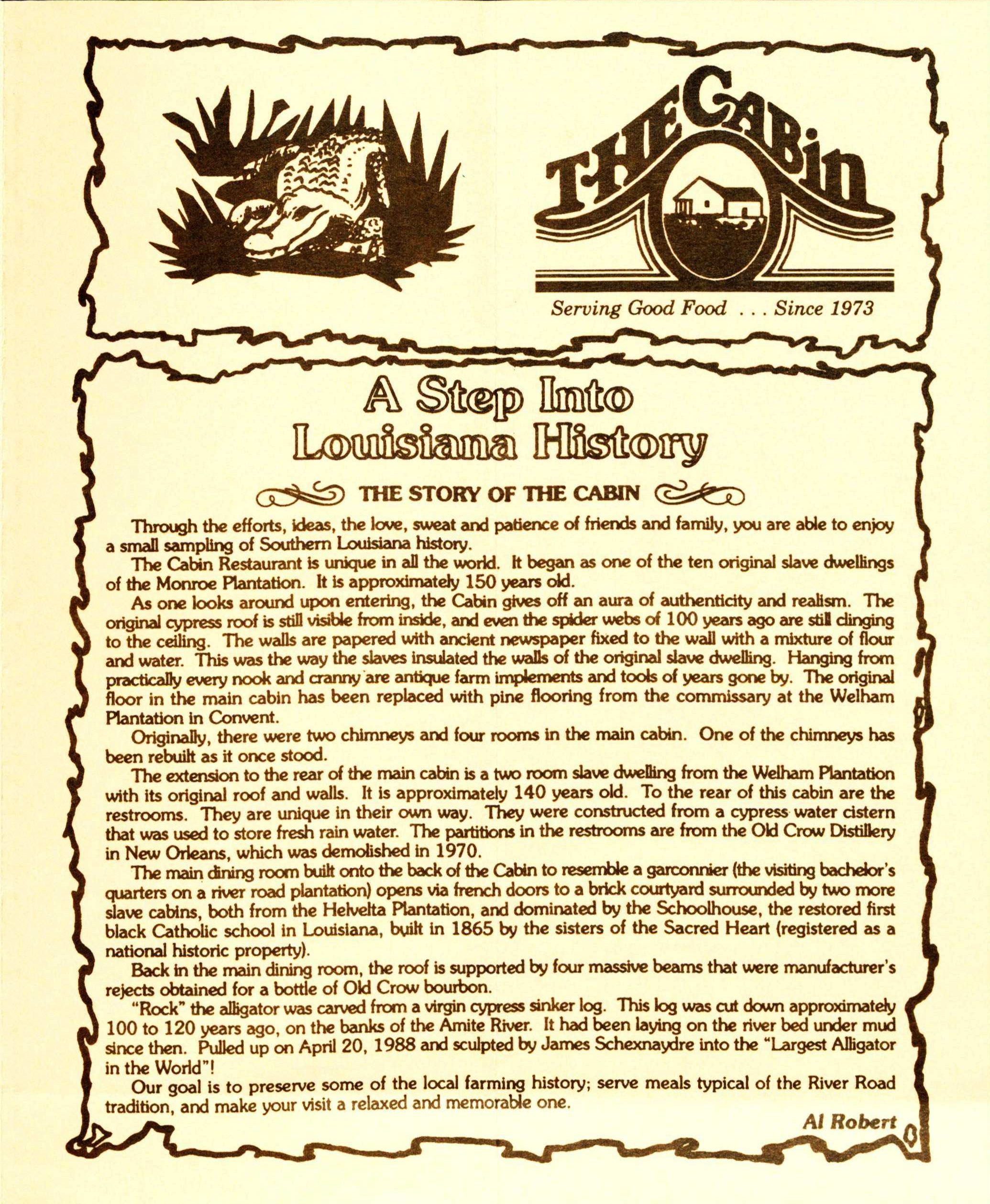 A vintage restaurant menu features text detailing The Story of The Cabin in Louisiana, emphasizing its historical significance and unique Southern ambiance. The menu includes a logo with the caption Serving Good Food... Since 1973.