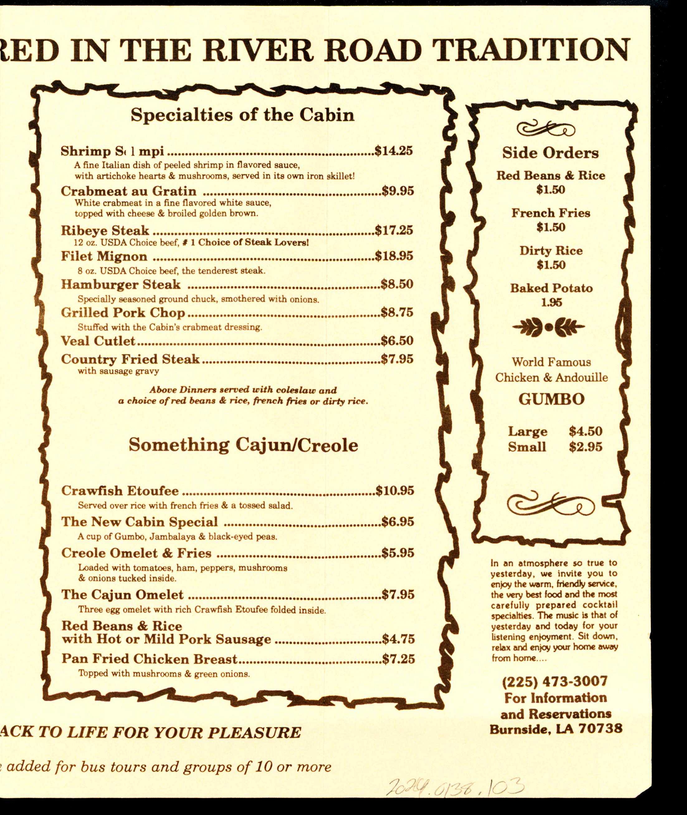 A menu with the header Red in the River Road Tradition. It lists dishes like Shrimp St. Impli, ribeye steak, crawfish étouffée, and gumbo, along with sides such as red beans & rice and French fries. Prices and a phone number are included.
