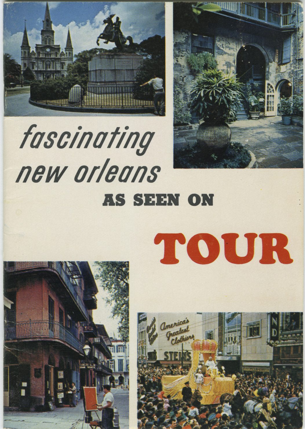 The cover of a New Orleans tour guide book with photos of various city scenes.