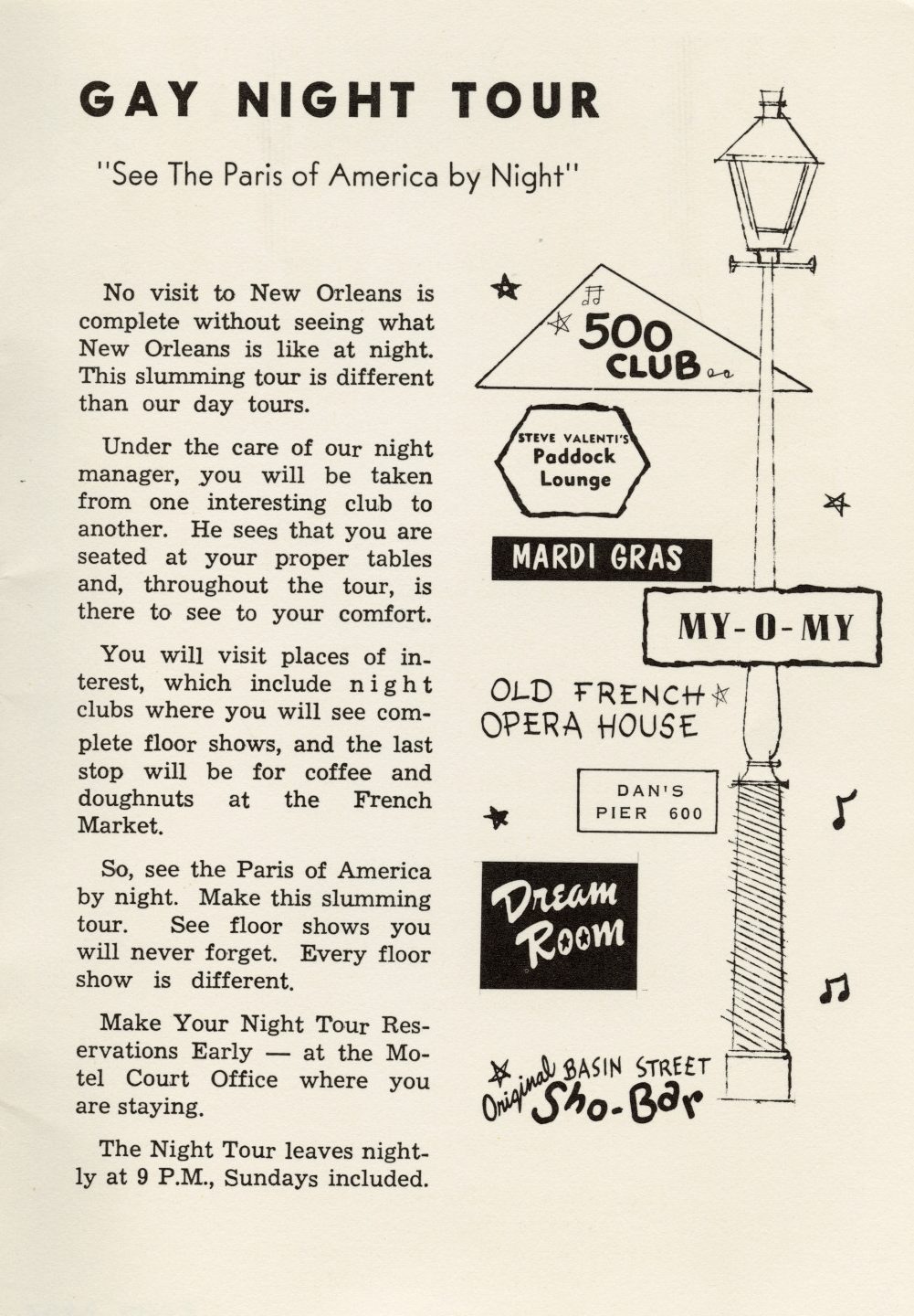 A tour book page advertising a "Gay Night Tour" of New Orleans nightclubs, including the My-O-My.
