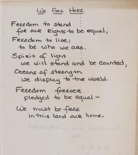A photo of handwritten lyrics to the protest song “We Are Here,” written on the occasion of the demonstration.