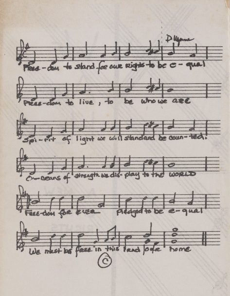 A photo of sheet music for the protest song “We Are Here,” written on the occasion of the demonstration.