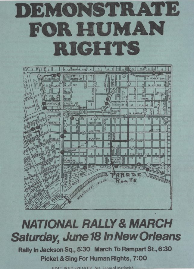 A flier for the HERE demonstration on June 18, 1977. It shows a map of the parade route through the French Quarter.