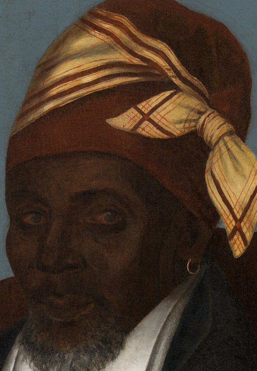 Free Black man wearing a turban (detail), 1835, oil painting by Julien Hudson.