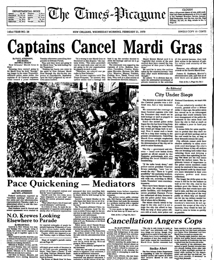 A vintage newspaper front page titled Captains Cancel Mardi Gras, dated February 21, 1979. The page includes articles, headlines, and a black-and-white photo of a large crowd at a parade. Other headlines mention city unrest and parades.