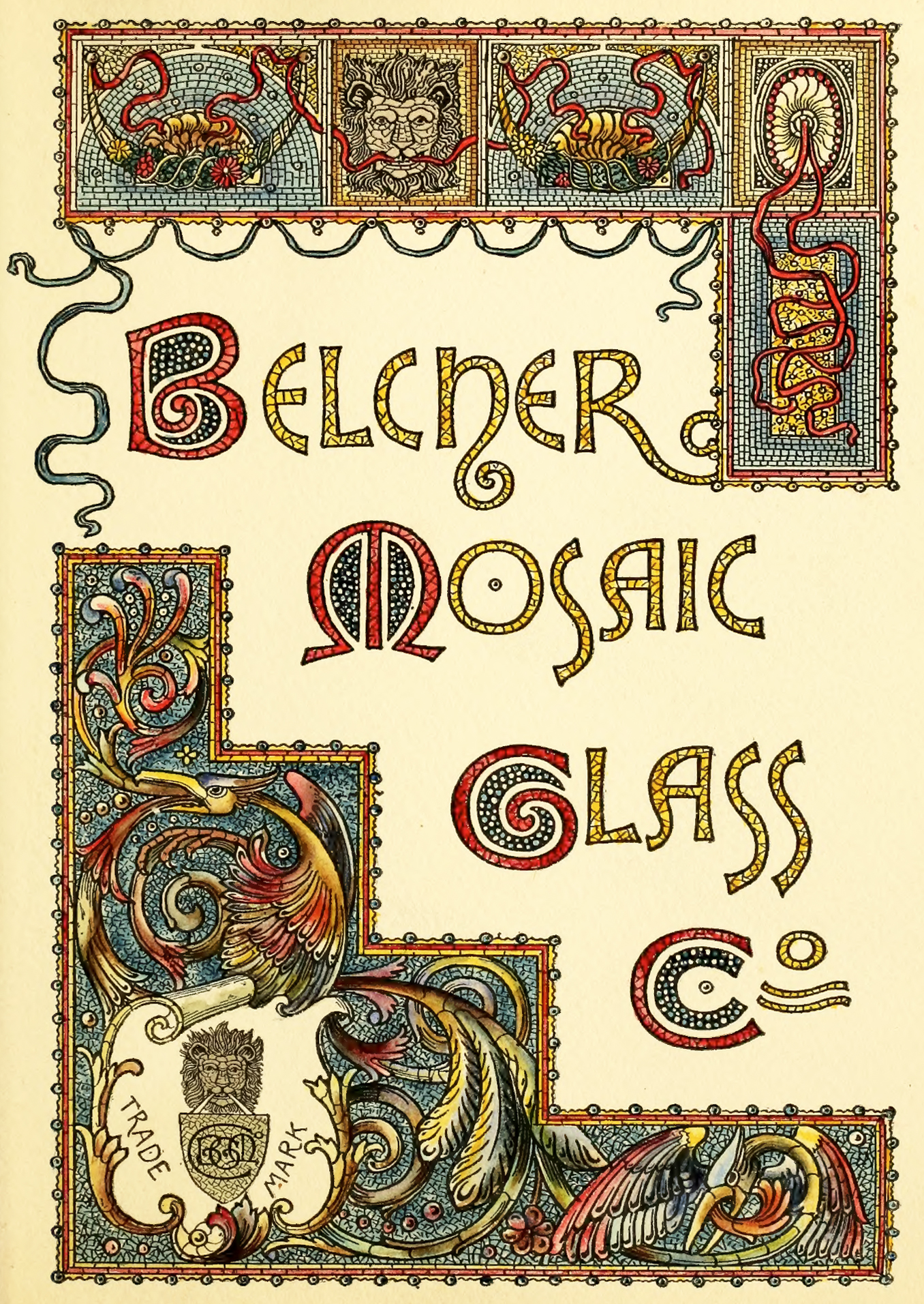 Illustrated cover of the 1886 Belcher Mosaic Glass Co. catalog.