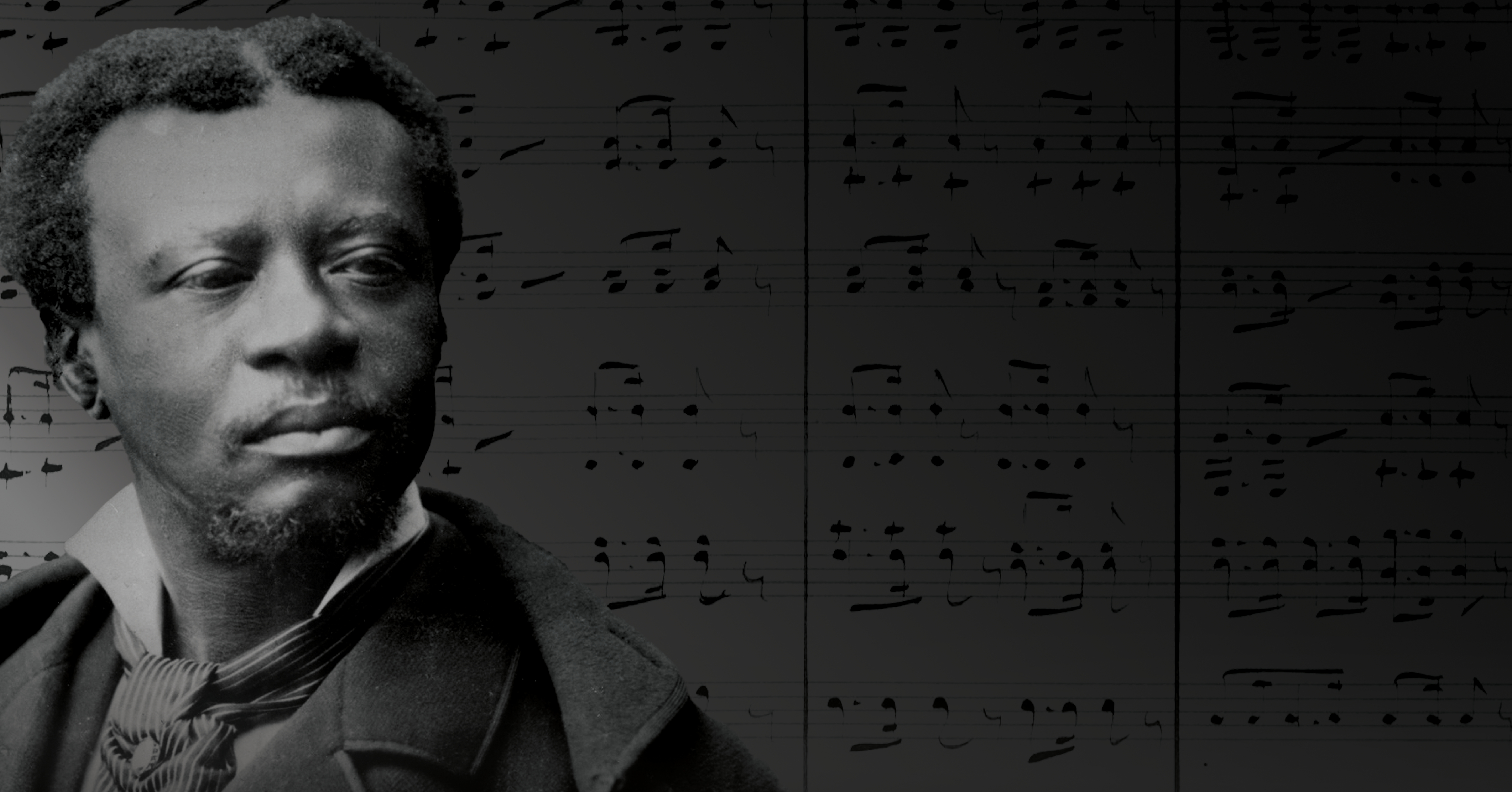 Photograph of composer Edmond Dédé’s with sheet music from his opera Morgiane in the background