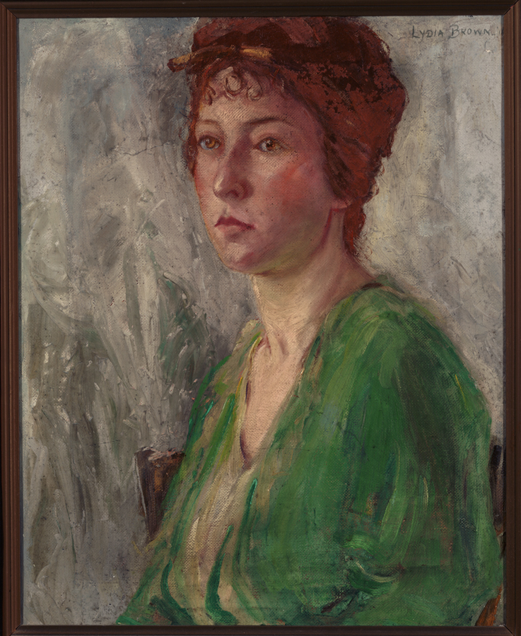 A portrait of a person with short, curly red hair wearing a green garment, seated against a muted gray background. The painting reflects an introspective expression and detailed brushwork.