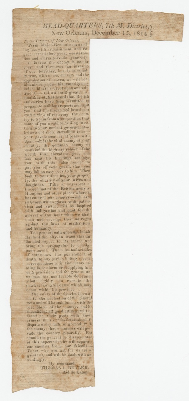 A vintage newspaper clipping from the 7th M. District, New Orleans, dated December 15, 1814. The text is old and slightly faded, with a formal tone, likely pertaining to historical events or announcements.