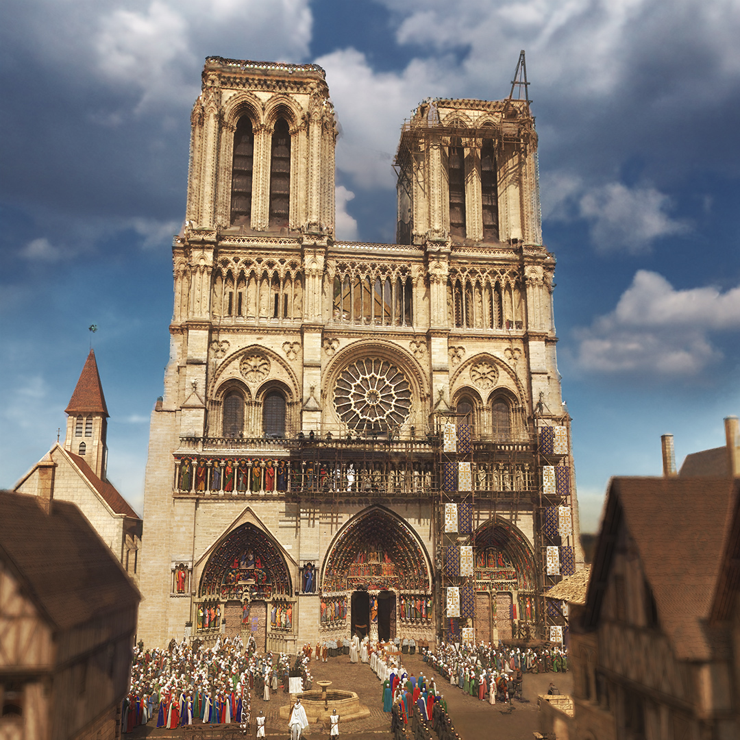 Historical depiction of Notre Dame Cathedral with a bustling crowd in front. The Gothic architecture features tall towers and detailed stonework, set against a blue sky with scattered clouds.