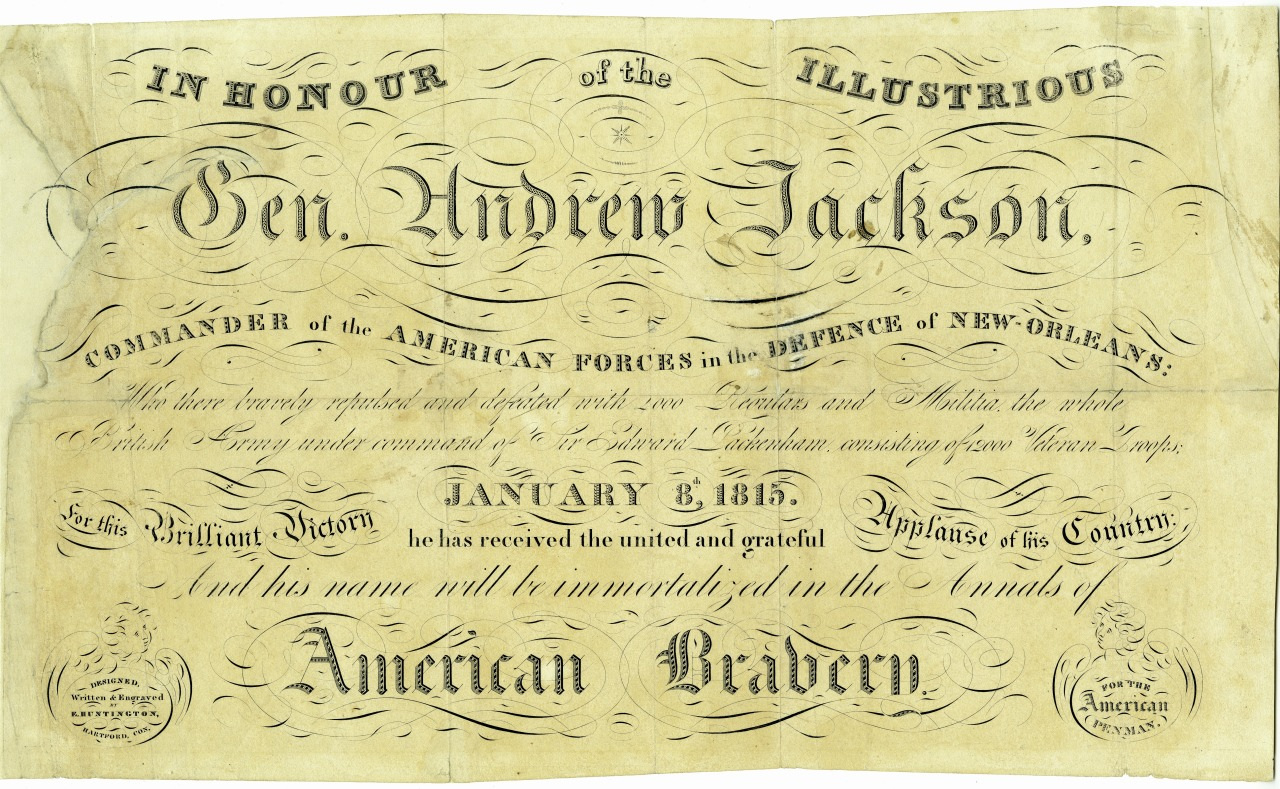 A vintage document honoring General Andrew Jackson for his leadership in the defense of New Orleans on January 8, 1815. The ornate text highlights his victory and recognition by the country for bravery.