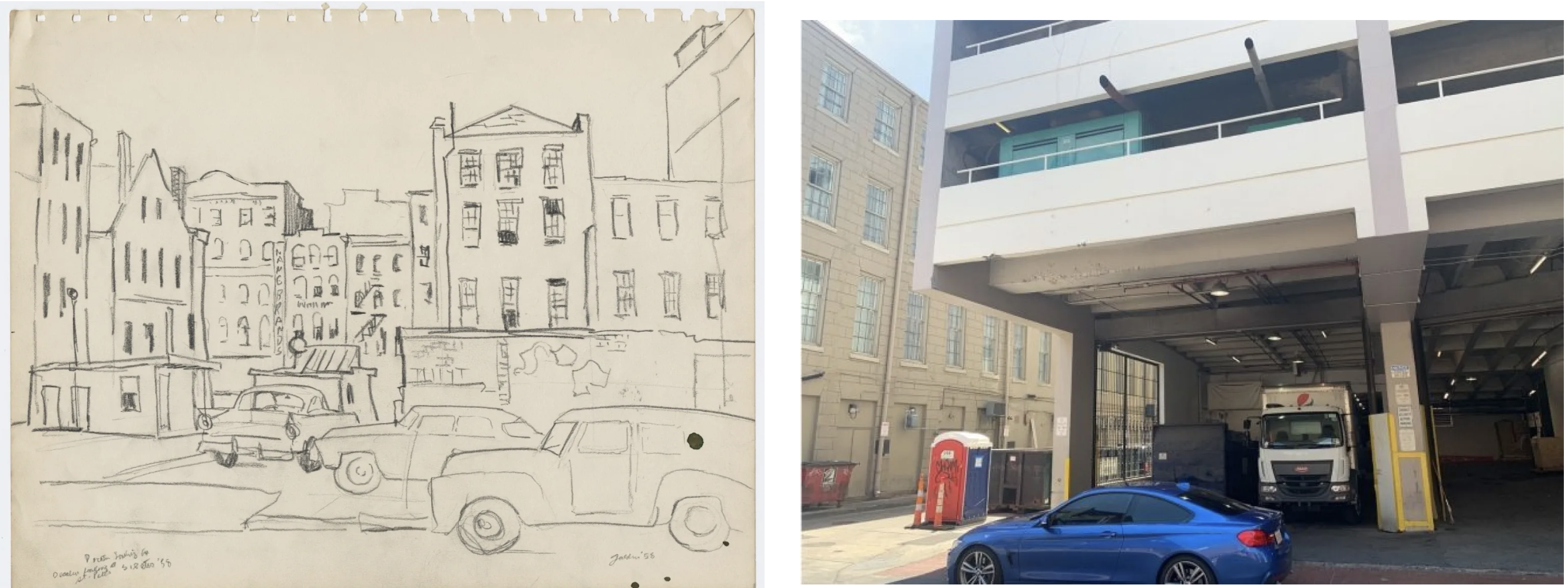 Left side: A sketch of a city street with vintage cars parked between multi-story buildings. Right side: A modern photo of a loading dock area with a blue car, a truck, and a phone booth near commercial buildings.