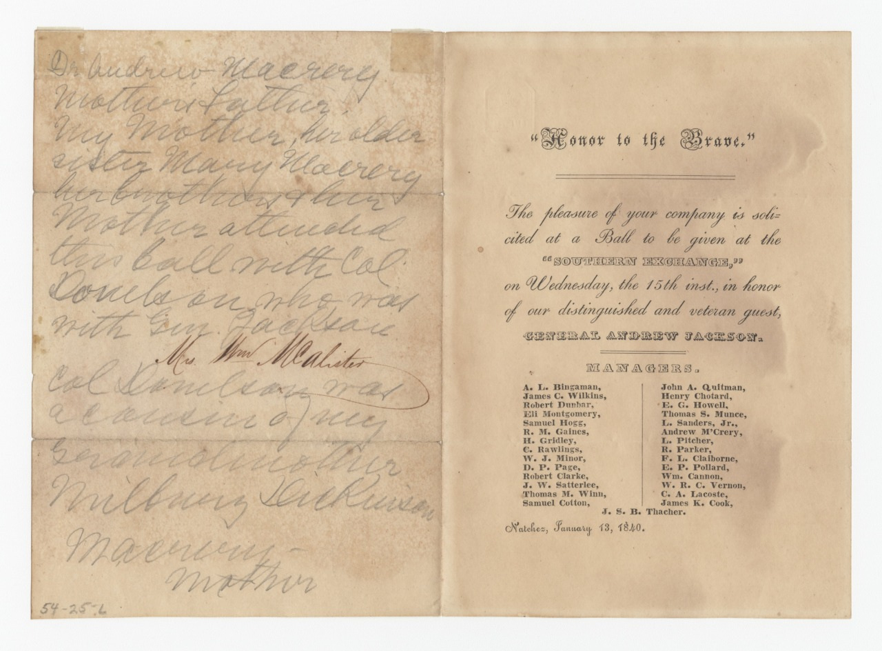 A vintage manuscript with handwritten text on the left and a printed event invitation on the right. The invitation is titled Honor to the Brave, dated January 19, 1842, and includes a list of managers. The handwriting is cursive and faded.