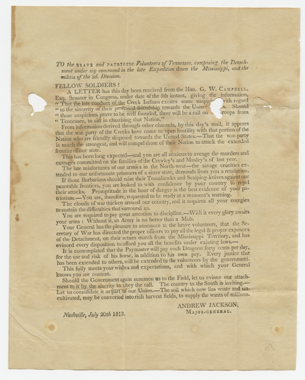A historical letter from Andrew Jackson, dated July 20th, 1813, addressed to Tennessee volunteers. The letter discusses military efforts against Creek Indians. The paper is aged with small holes and woodblock print in black ink.