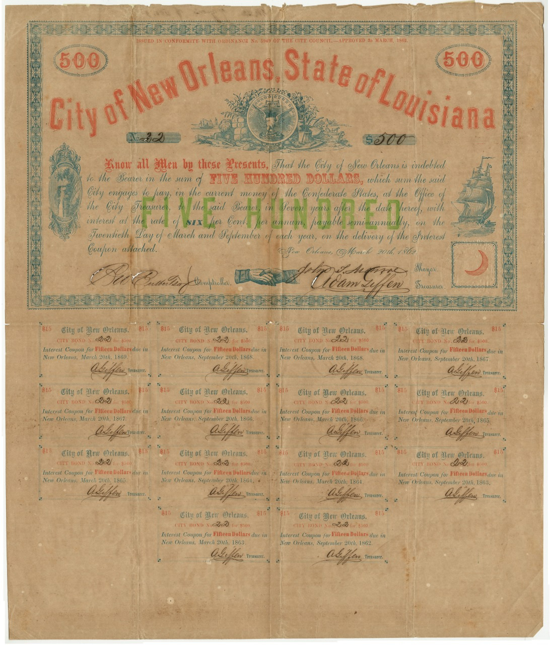 Vintage bond certificate from the City of New Orleans, Louisiana, dated 1872. Includes ornate designs, denomination of 500 dollars, and a section for coupons at the bottom. Text and engraved illustrations of a ship and crescent moon are visible.