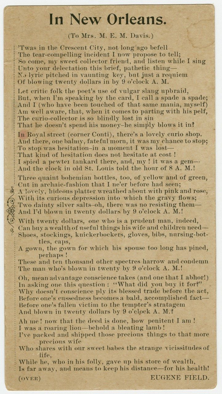 An aged poem titled In New Orleans by Eugene Field, addressed to Mrs. M. E. M. Davis. The poem describes aspects of New Orleans in a reflective and personal tone. The font is old-fashioned, and there is a note indicating it continues on the back.
