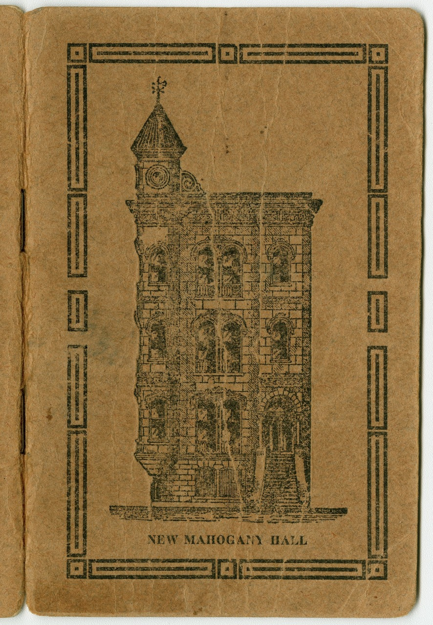 Illustration of a historic multi-story building labeled New Mahogany Hall with ornate architectural details, set within a decorative border, on a vintage brown paper background.