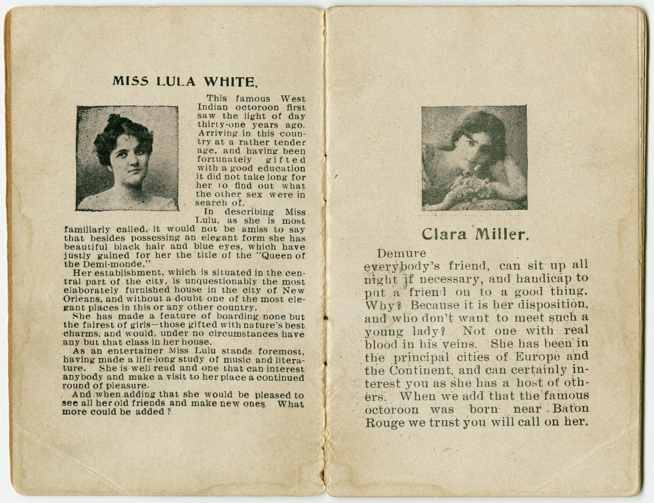 An open vintage book featuring two black-and-white portraits. The left page describes Miss Lula White, a West Indian doctor known for her beauty and achievements. The right page describes Clara Miller, noted for her helpfulness and demeanor.