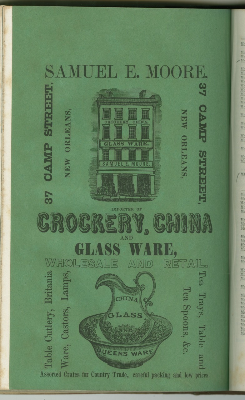 Green advertisement page for Samuel E. Moore, located at 97 Camp Street, New Orleans. Promotes crockery, china, and glassware. Includes an illustration of a large pitcher and lists items like cutlery and lamps. Emphasizes wholesale and retail sales.
