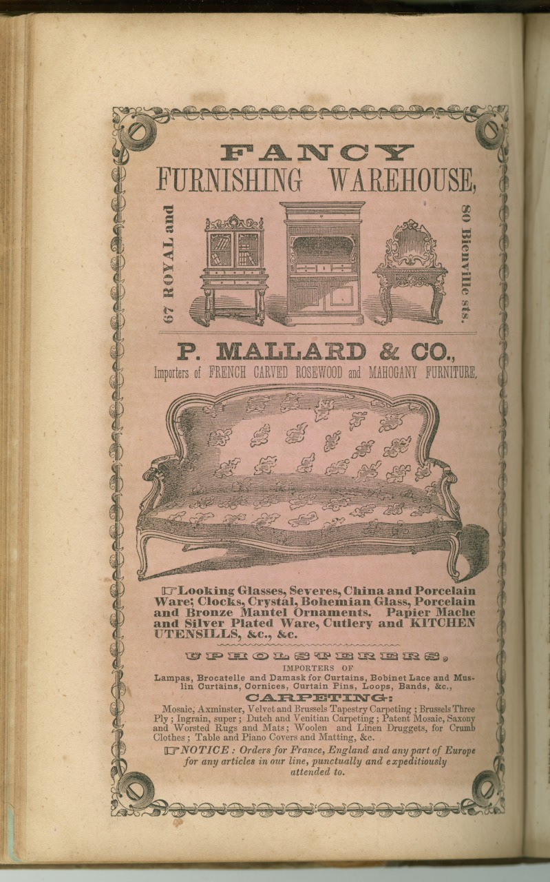An antique advertisement for P. Mallard & Co. Fancy Furnishing Warehouse showcasing French carved rosewood and mahogany furniture. It includes images of a cabinet, chairs, and a sofa, with decorative text and ornate border design.