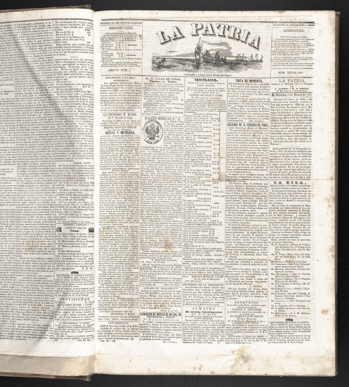A vintage newspaper page titled La Patria, featuring articles, advertisements, and illustrations. The text is in Spanish, with columns of small print and various headlines. The layout reflects a classic 19th-century newspaper design.