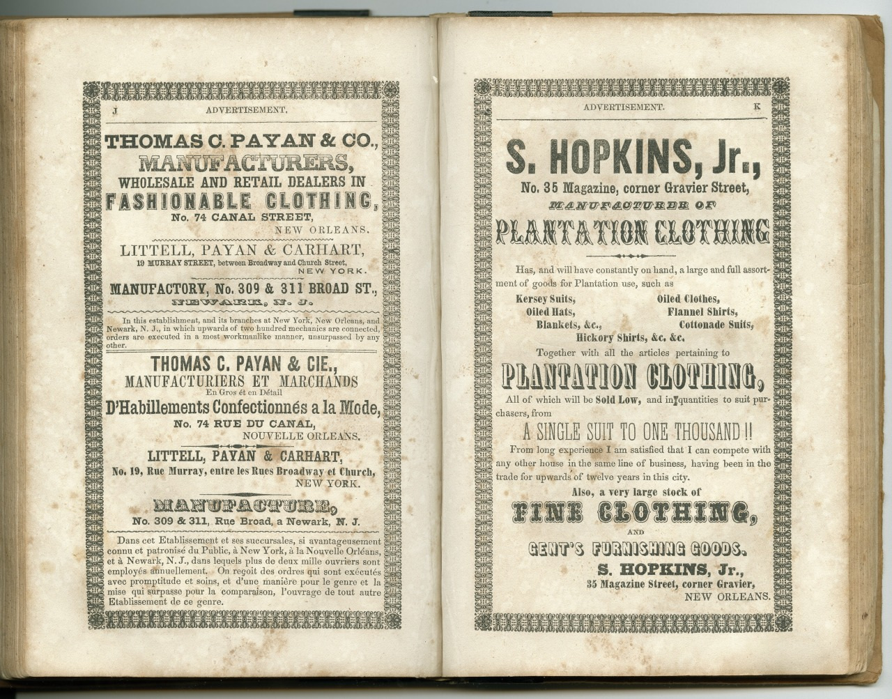 Old book pages showing advertisements for Thomas A. Payan & Co. and S. Hopkins, Jr., featuring descriptions of clothing items such as plantation clothing and gents furnishings with details about their locations and contact information in New Orleans.