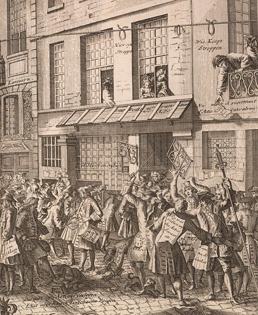 Black-and-white illustration of a crowded street scene in 1700s France, with people waving papers in the air to depict stock-market trading.
