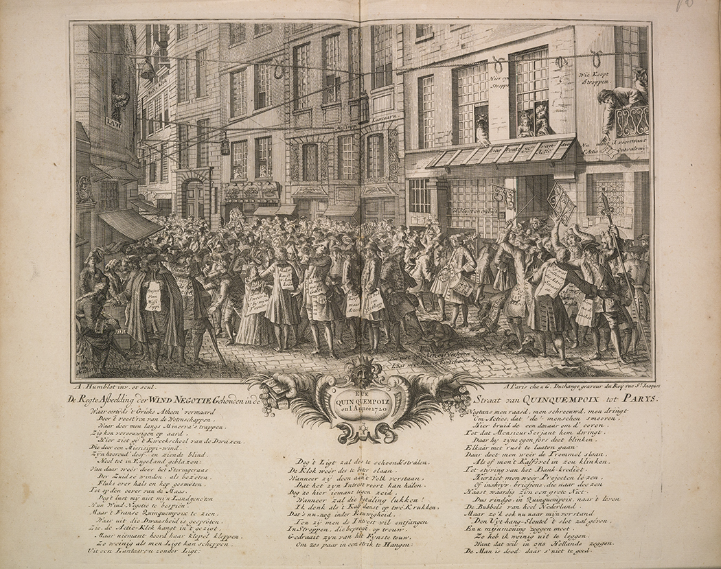 An illustration showing a crowd of speculators seeking to buy stock in the Company of the West (later the Company of the Indies).