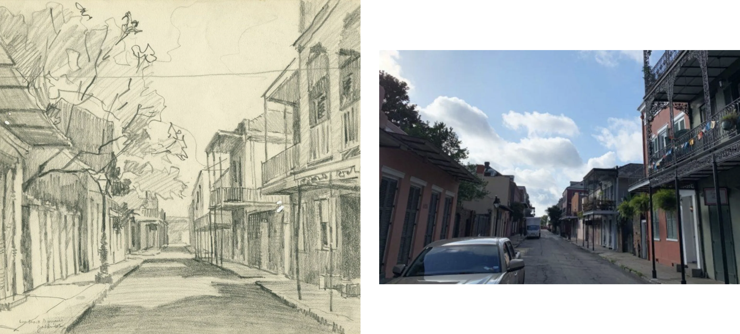 A split image shows a pencil sketch of a tree-lined street with old buildings on the left and a color photograph of a similar street with parked cars and balconies on the right, under a partly cloudy sky.