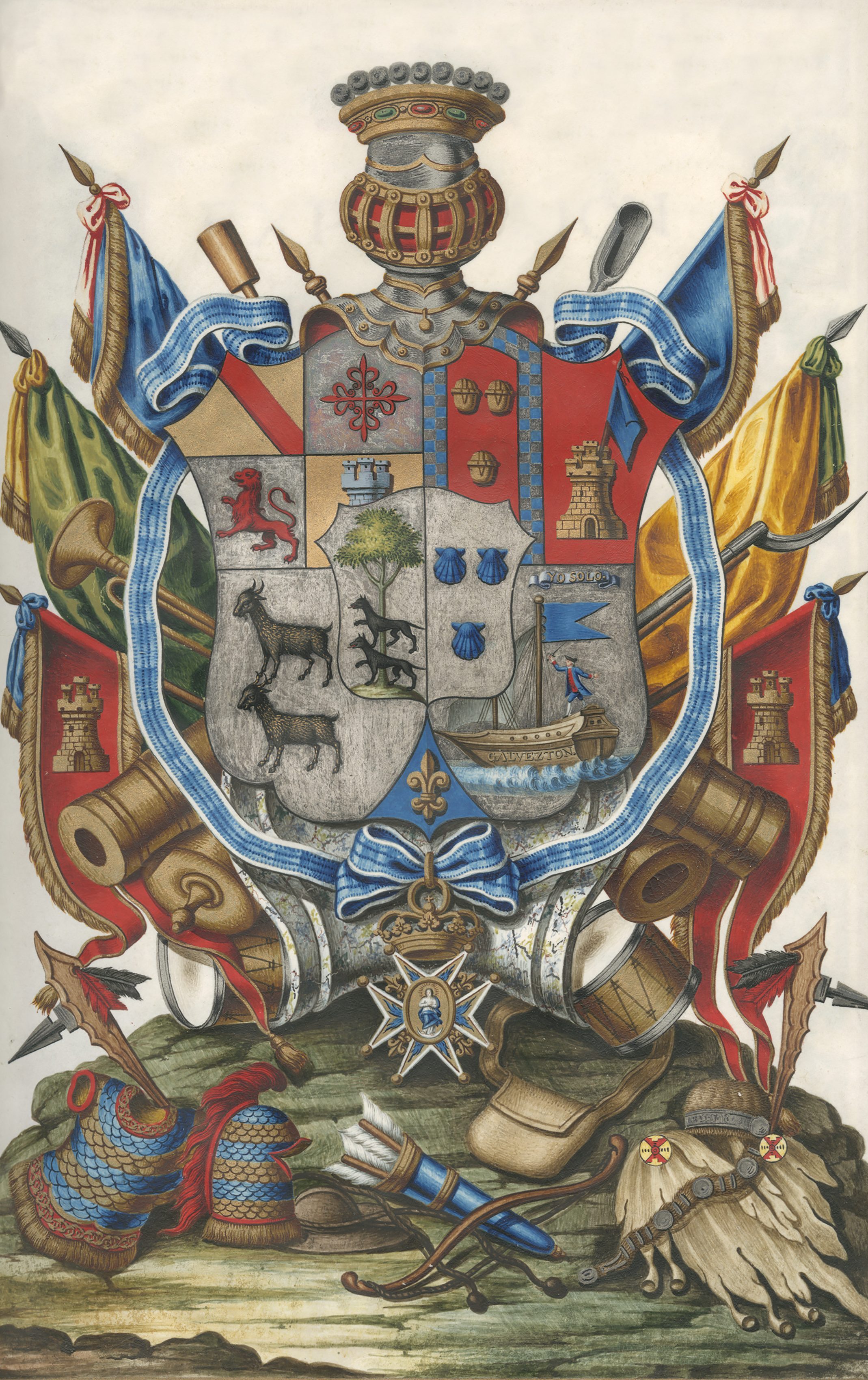 Intricate heraldic coat of arms featuring a shield with various symbols including animals, a tree, and a boat. Surrounded by banners, flags, and a crown on top. Decorative elements like drums, horns, and a star are at the base.