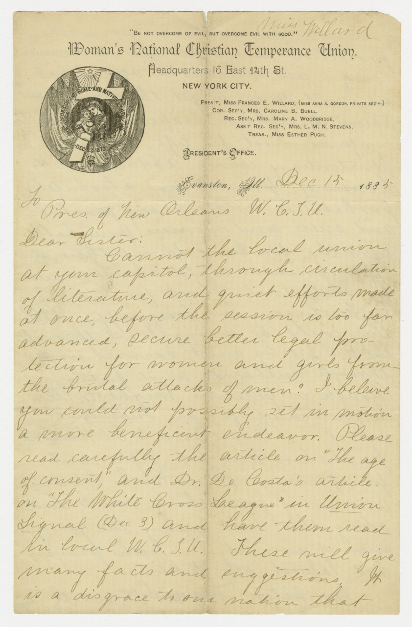 A vintage letter on Womans National Christian Temperance Union letterhead from 1883. The letter discusses temperance issues. The header features an illustration of a woman and an eagle, with handwritten notes visible in places.