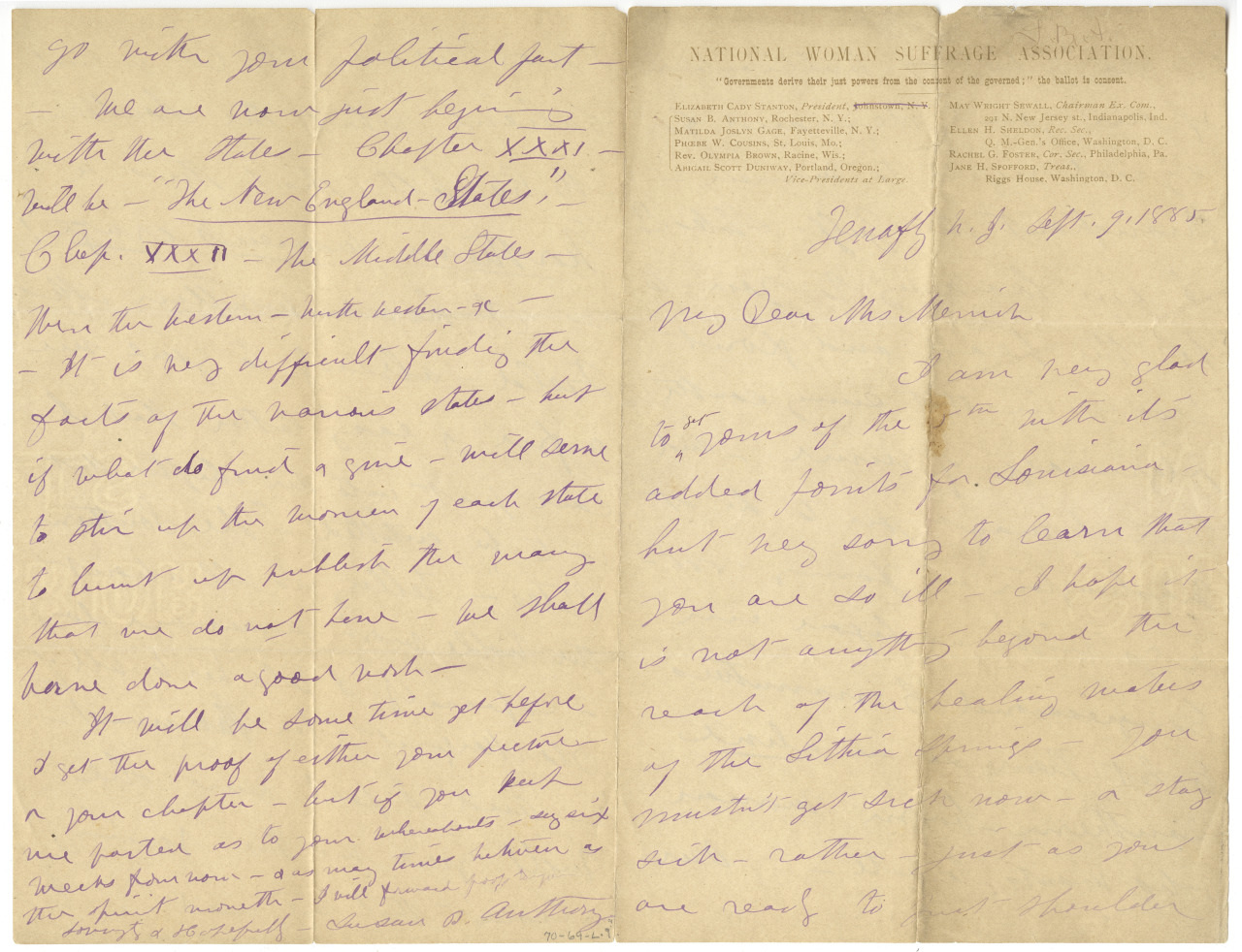 Handwritten letter on National Woman Suffrage Association letterhead. The paper is aged, with cursive writing in ink. Its filled with personal correspondence discussing publishing and related topics, dated Sept. 3, 1885.