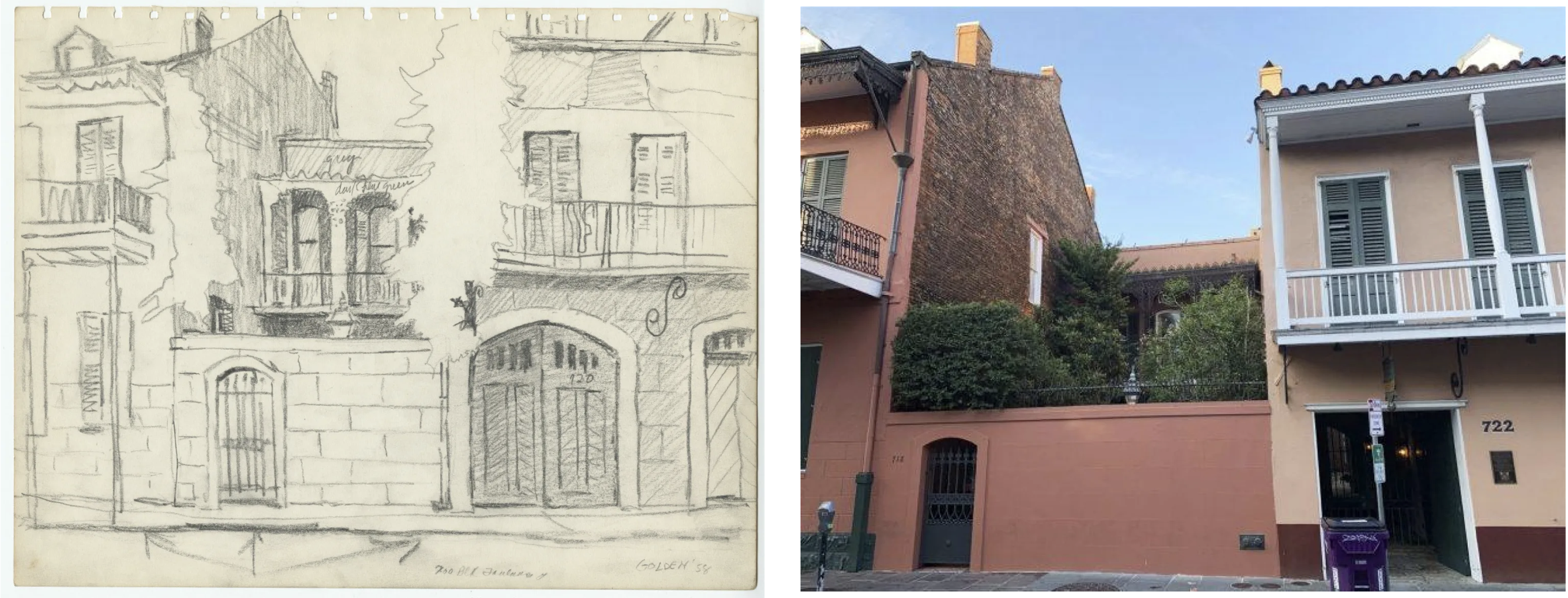 Side-by-side image comparing a pencil sketch and a photograph of a building. On the left, the sketch shows architectural details like balconies and shutters. On the right, a photo of the same building with peach walls and greenery.