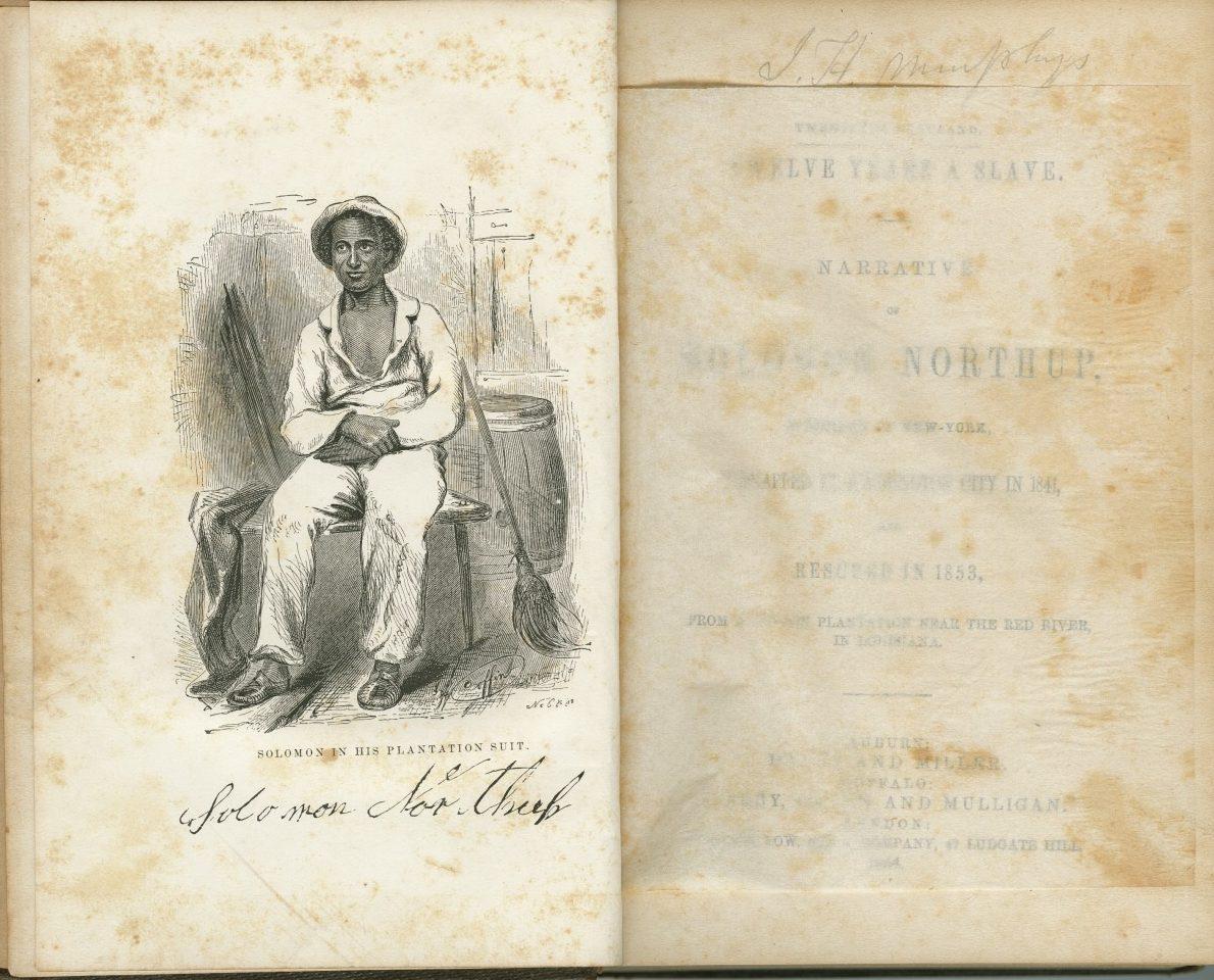 An illustration of a man seated on a bench, holding a hat with a barrel beside him, is on the left page. The right page is faded, with the title Twelve Years a Slave by Solomon Northup visible.