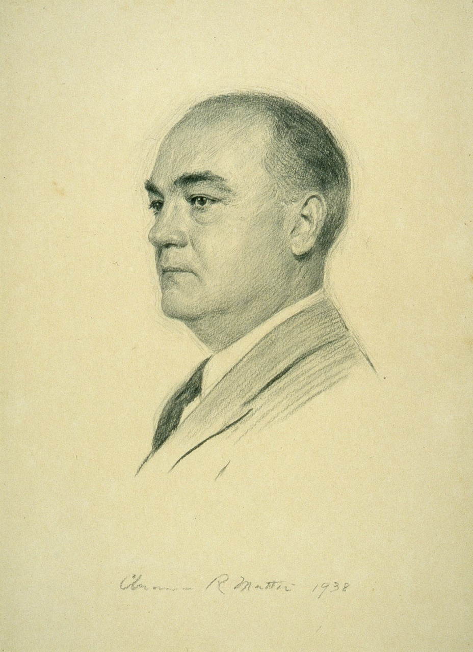 Sketch of a man in profile, wearing a suit and tie, with a neutral expression. The drawing is monochromatic and signed R. Mutter 1938 at the bottom.