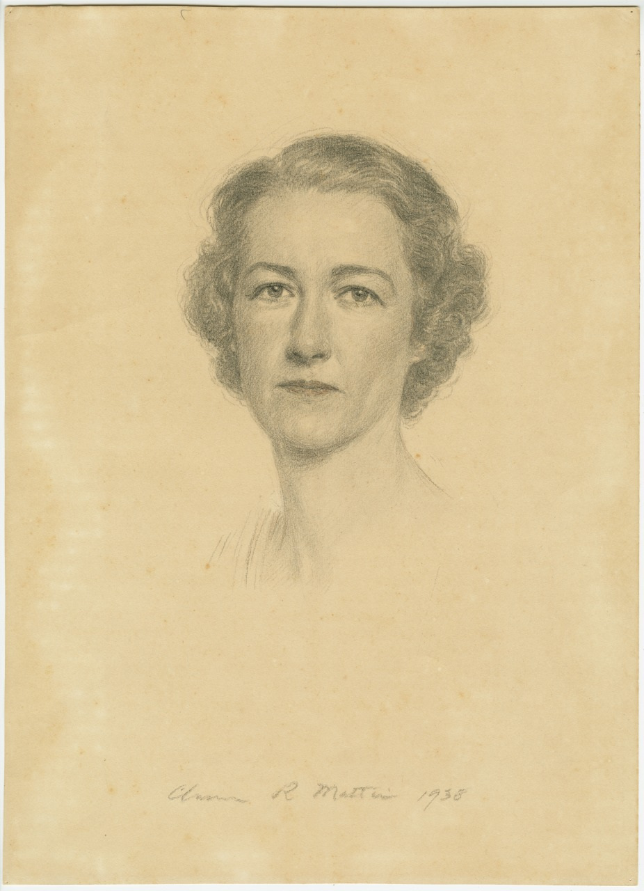 A pencil portrait of a woman with short, wavy hair on a plain background. The artists signature and the year 1938 are at the bottom. The drawing focuses on her calm expression and detailed facial features.