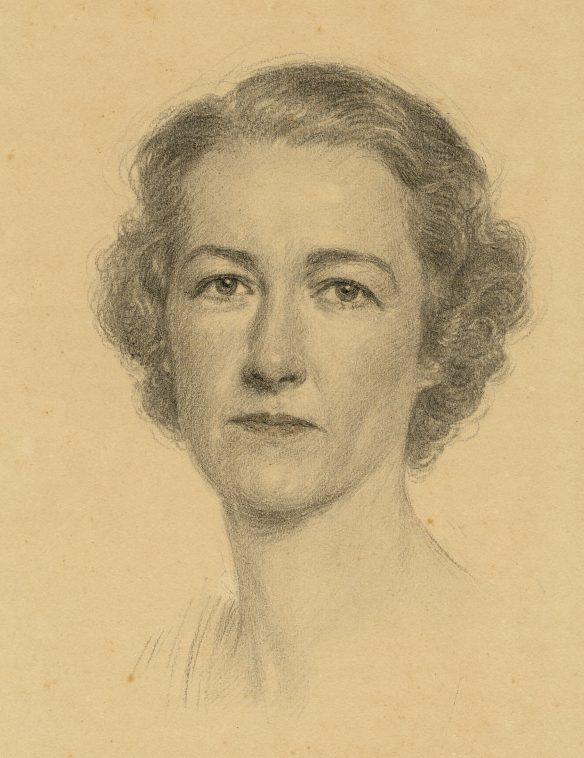 A detailed pencil portrait of a woman with short, wavy hair. She looks directly at the viewer with a neutral expression, set against a plain background. The artwork emphasizes her facial features and the texture of her hair.