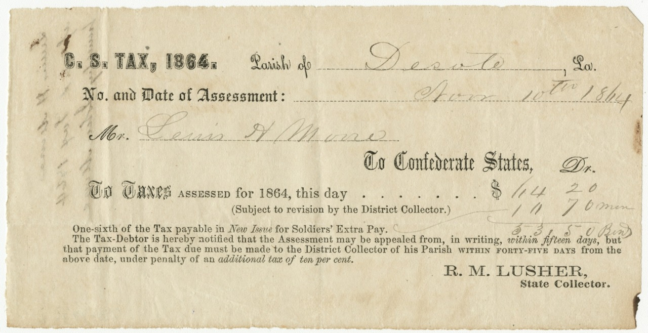 An 1864 Confederate States of America tax receipt for Lewis H. Morse issued in Louisiana, totaling $14.20. The document includes official signatures, payment conditions, and a note about an additional soldiers extra pay tax.