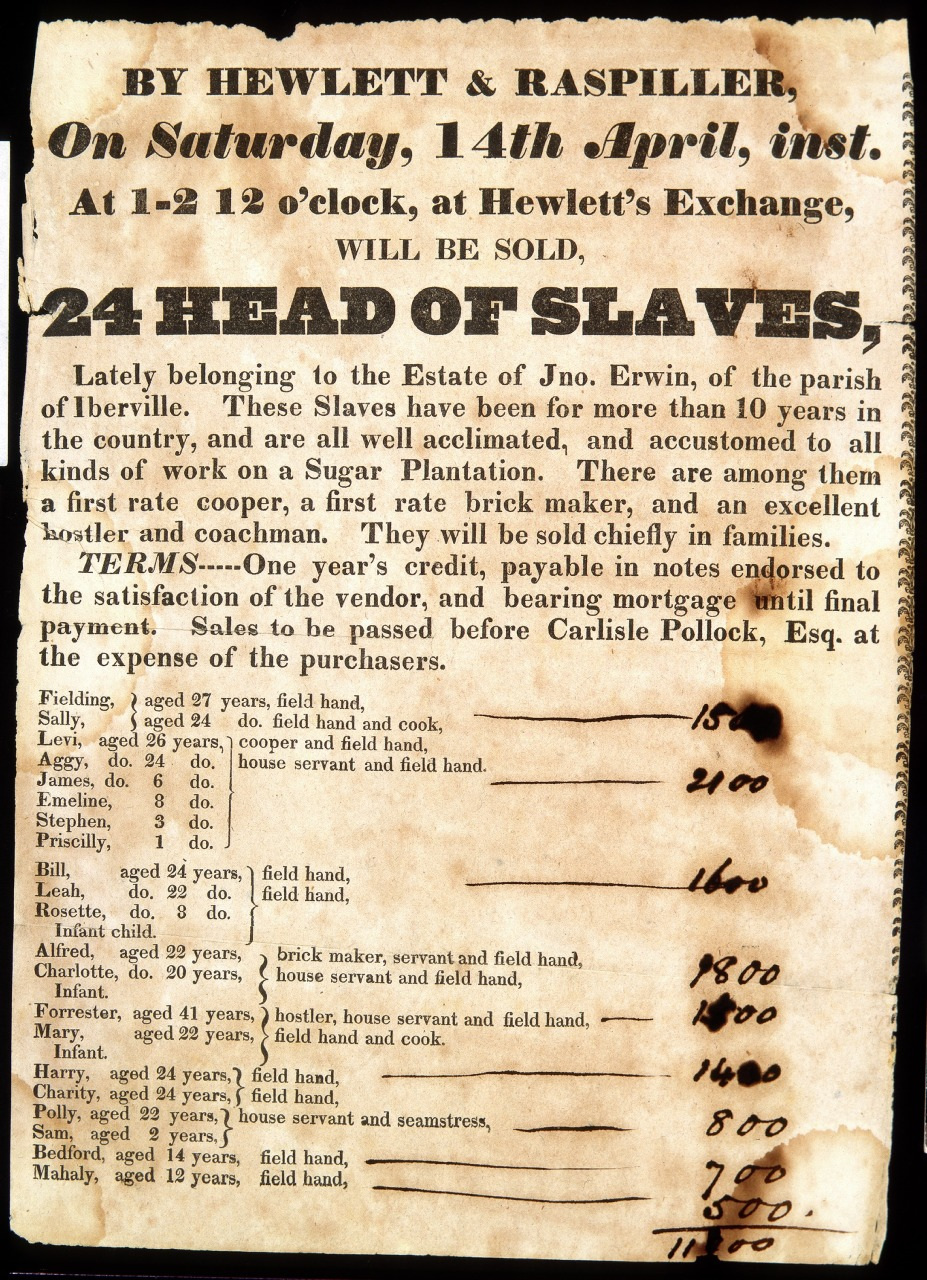 An old advertisement for the sale of 24 slaves, featuring details like names, ages, and skills. The text highlights roles such as cooper, blacksmith, and field hands, with payment terms mentioned at the bottom. Dated Saturday, 14th April.