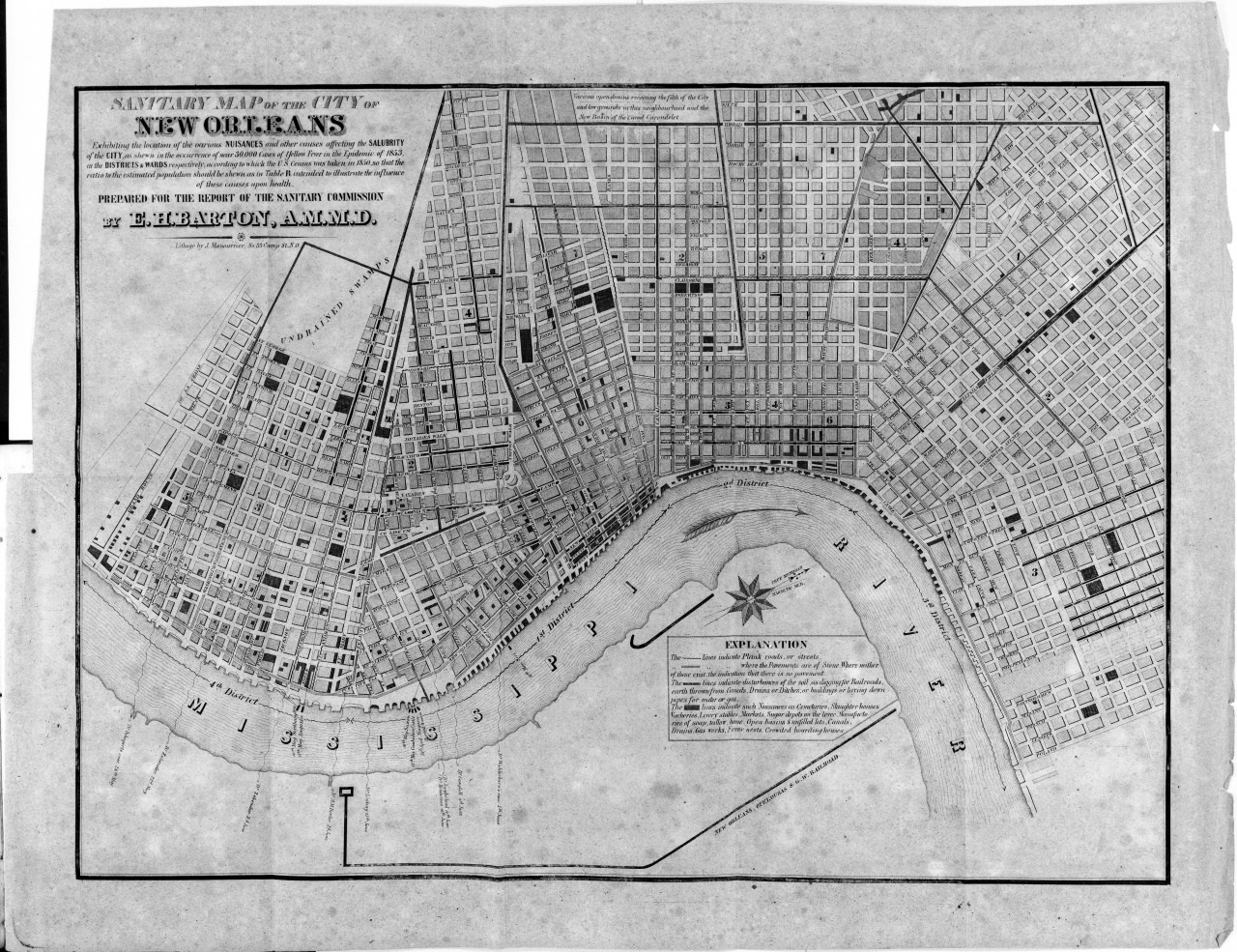 An 1870 map of New Orleans depicting detailed street layouts and the Mississippi Rivers course. The map includes a compass rose and explanatory notes, illustrating the citys infrastructure and geographical features at the time.