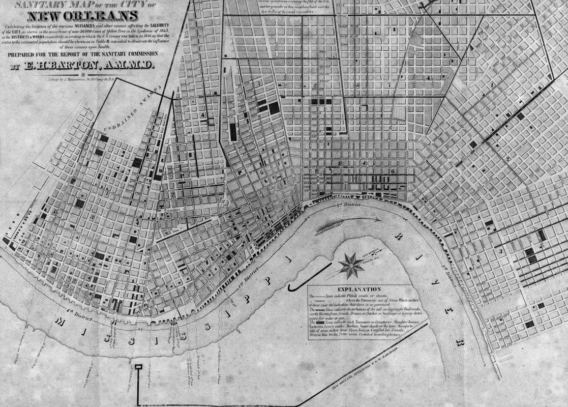 A historical sanitary map of New Orleans, illustrating streets and areas with detailed notes. The map highlights the Mississippi Rivers meandering path through the city.