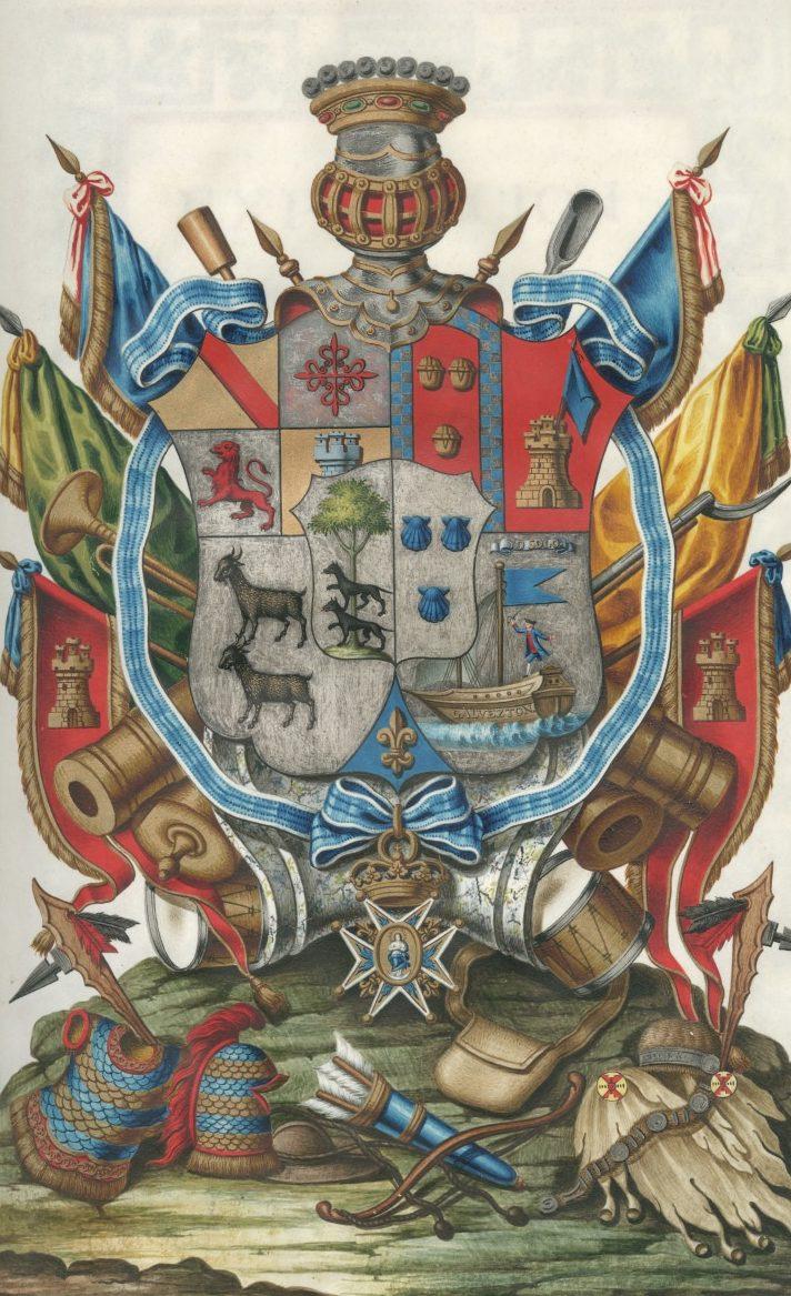 A colorful coat of arms features a shield with various symbols like animals, a tree, and a ship. Surrounding the shield are ornate elements like blue and red drapery, a crown, cannons, and musical instruments. A decorative badge hangs below.