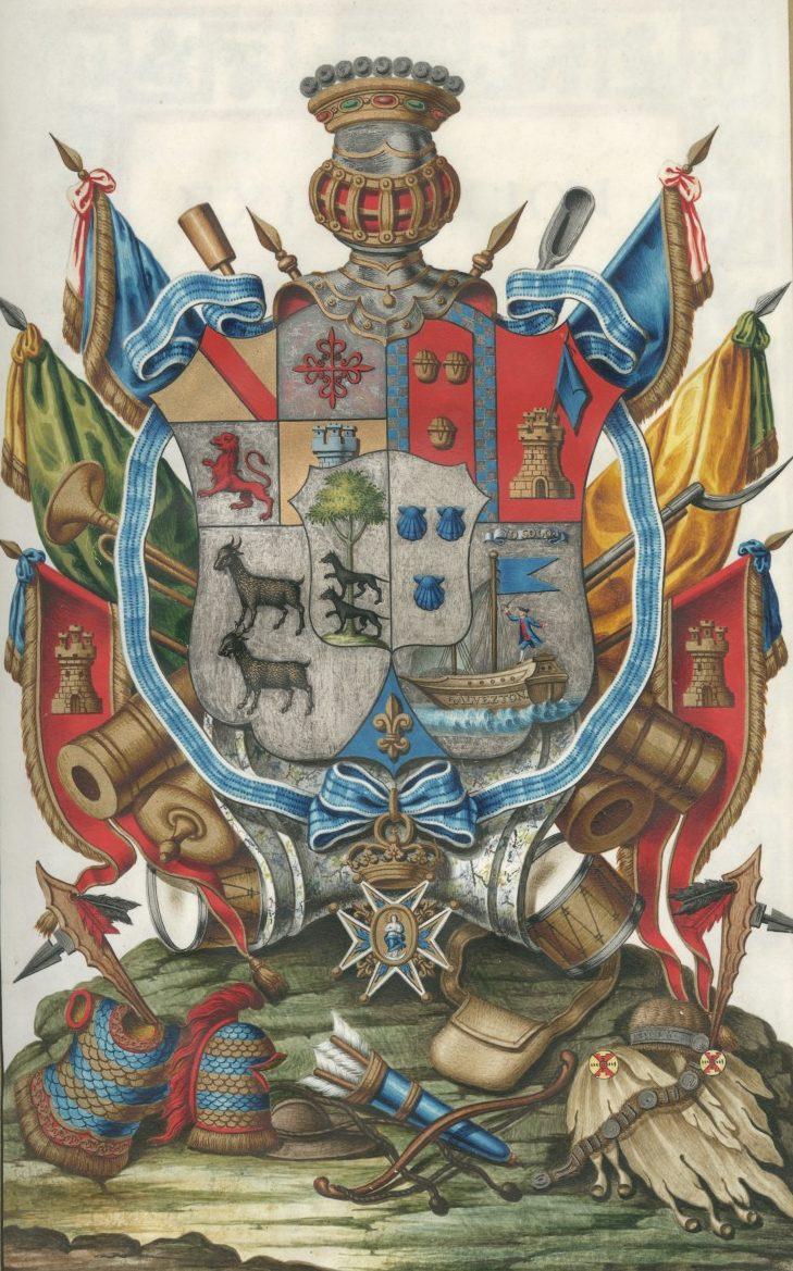 Ornate heraldic coat of arms featuring a shield with various symbols, including animals and towers. Flanked by flags and banners, with a crown and intricate details like musical instruments and a star medallion at the bottom.