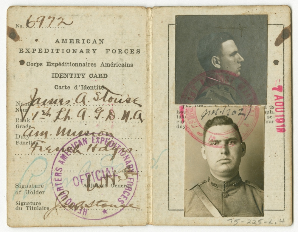 An old American Expeditionary Forces identity card with black and white photos of a military officer in uniform. The card includes stamps, handwriting, and typed details in English and French.