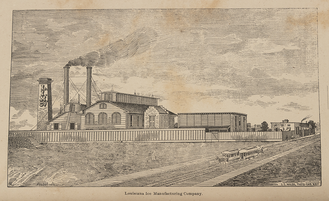 An illustration of the Louisiana Ice Manufacturing Company. Warehouse buildings and two smokestacks are pictured.