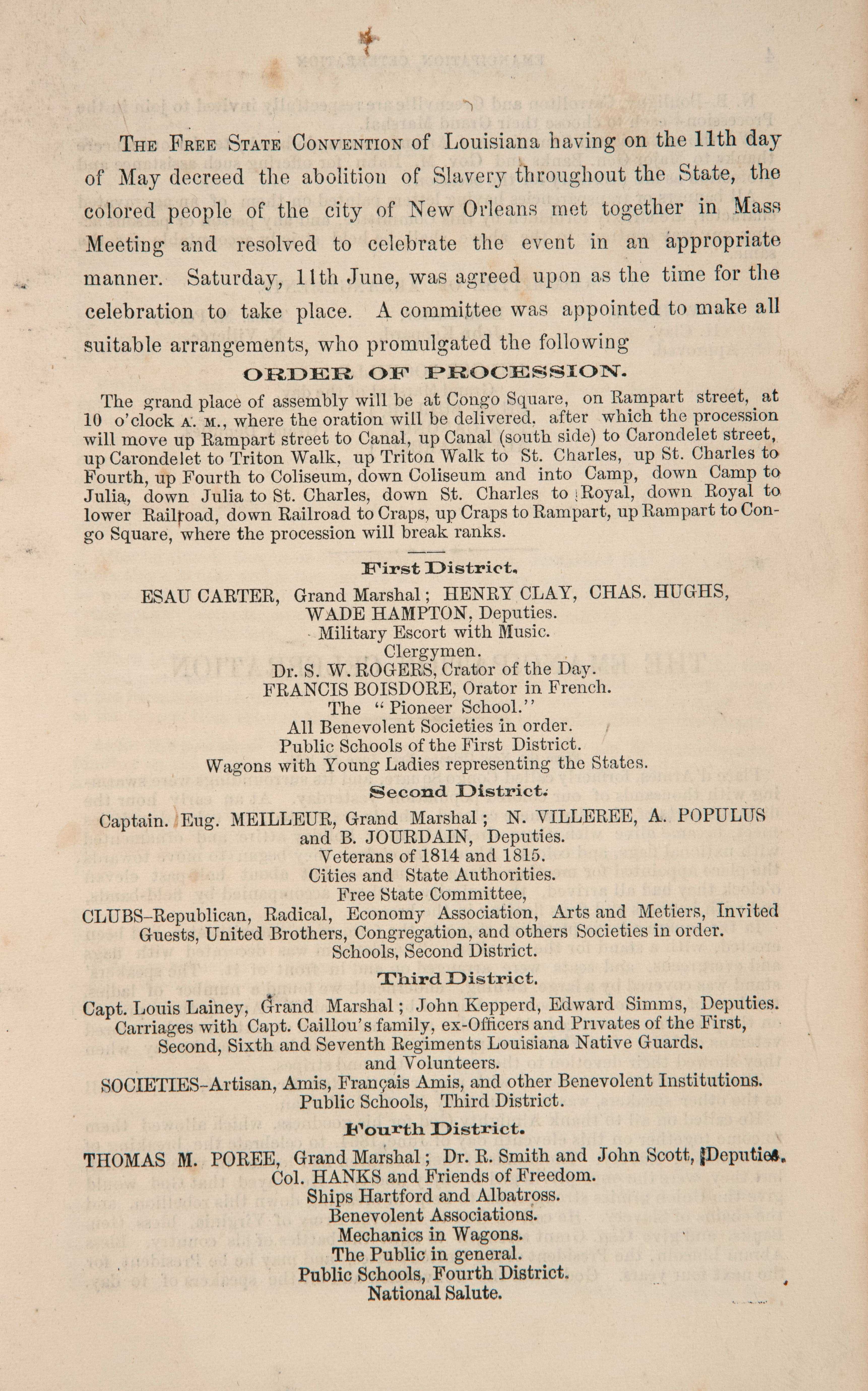 A historical document titled Order of Procession outlines the participants and schedule for an event celebrating emancipation in Louisiana. It details the roles of various civic and military groups, officials, and the order of their procession.